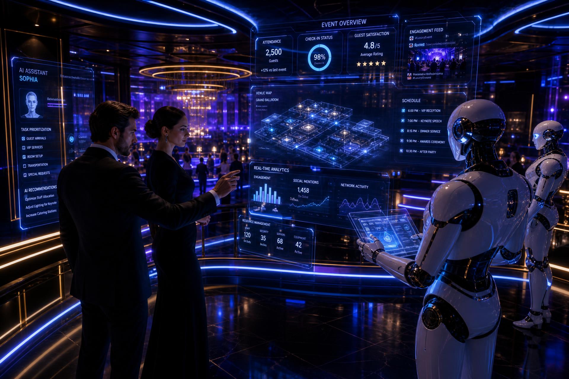 Human event managers and AI agents collaborating in a luxury event command center