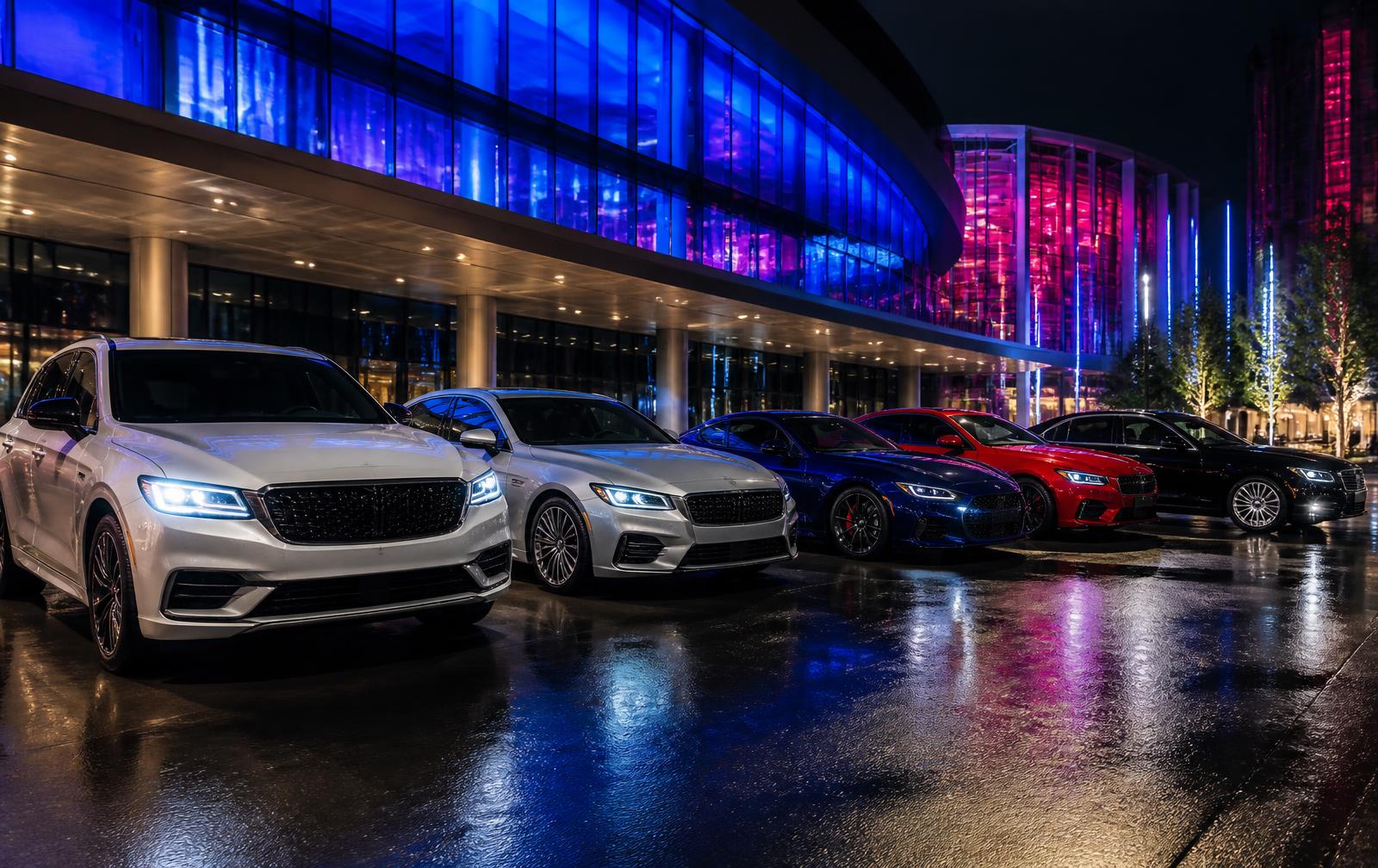 Premium mixed rental fleet in white, silver, blue, red and black at a venue arrival at night