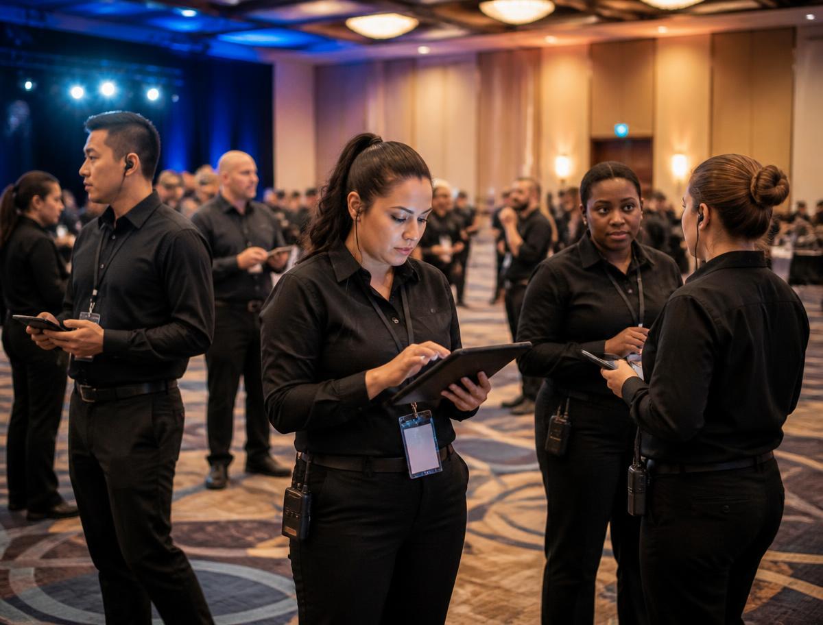 HCC certified event coordinators in black uniforms working a venue floor